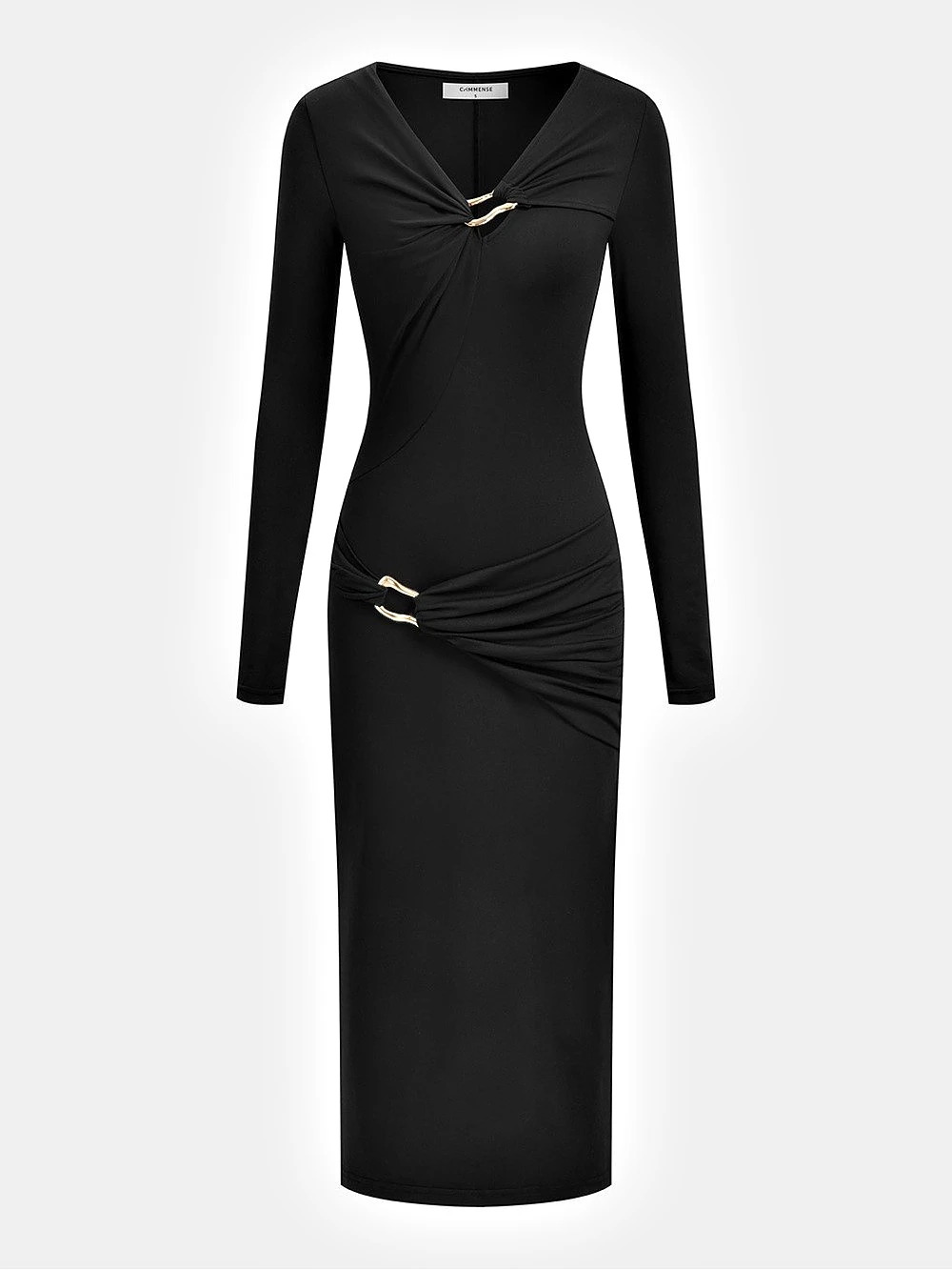 Commense Black Metal Detail Long-Sleeve Midi Dress